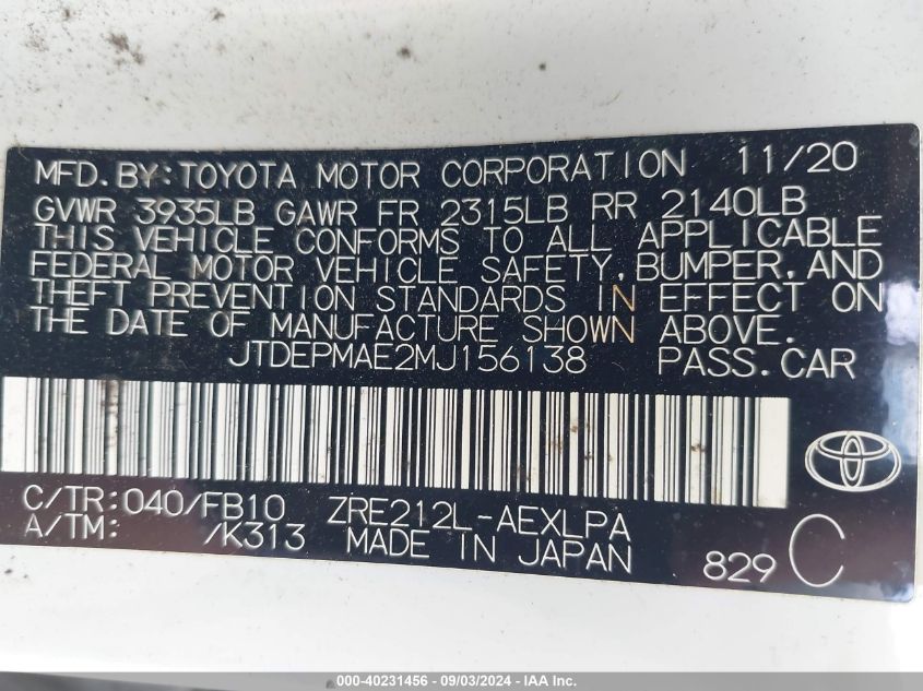 2021 Toyota Corolla Le VIN: JTDEPMAE2MJ156138 Lot: 40231456