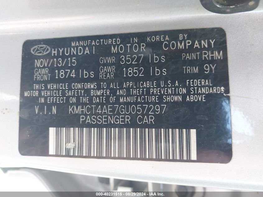 2016 Hyundai Accent Se VIN: KMHCT4AE7GU057297 Lot: 40231515