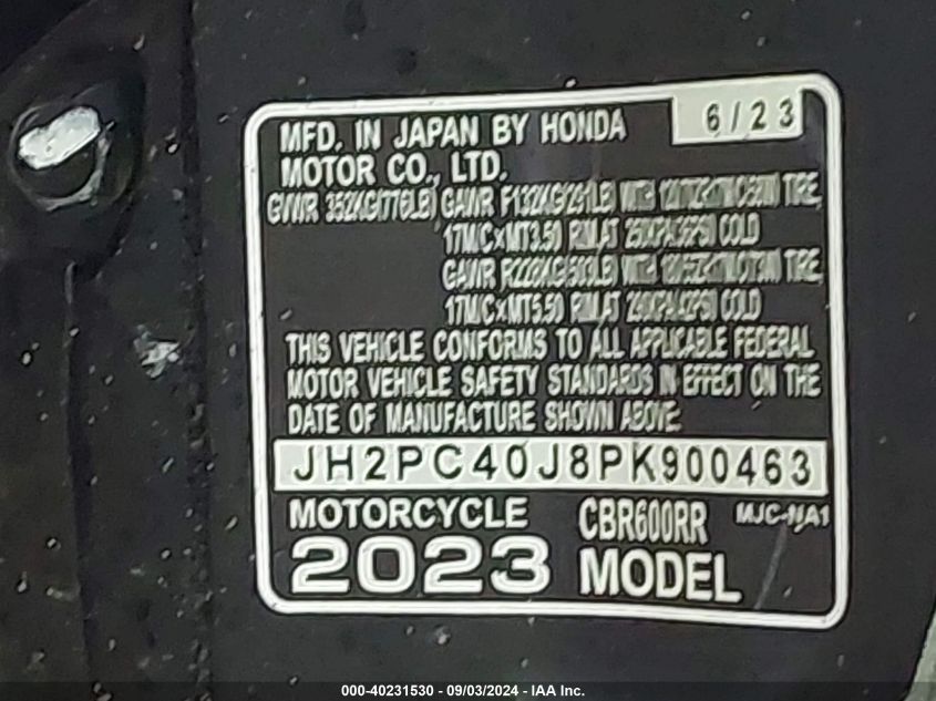 2023 HONDA CBR600 UNKNOWN(VIN: JH2PC40J8PK900463