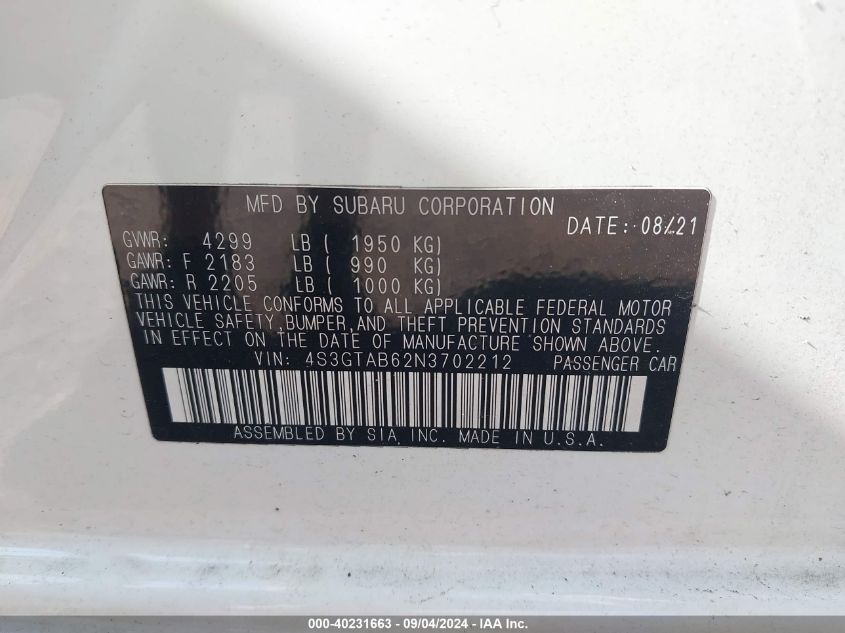 4S3GTAB62N3702212 2022 Subaru Impreza