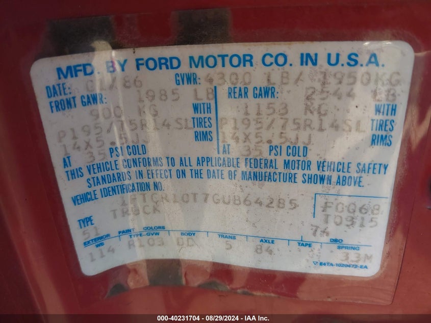 1FTCR10T7GUB64285 1986 Ford Ranger