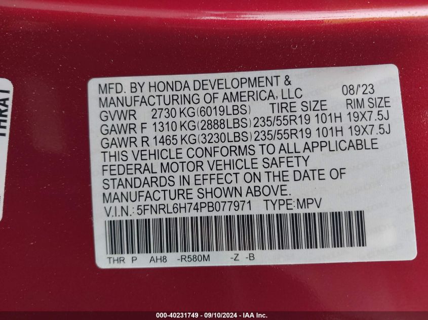 2023 Honda Odyssey Sport VIN: 5FNRL6H74PB077971 Lot: 40231749