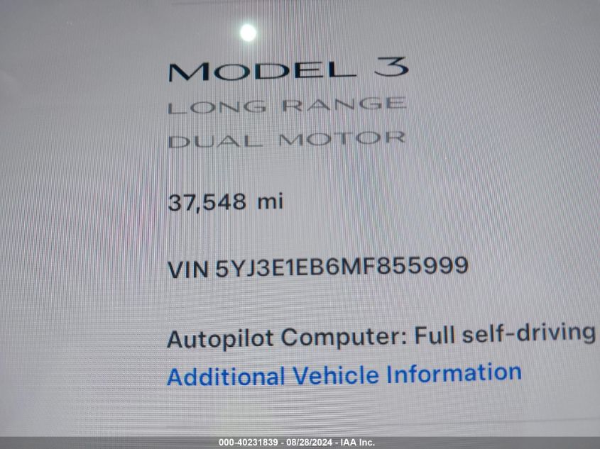 2021 Tesla Model 3 Long Range Dual Motor All-Wheel Drive VIN: 5YJ3E1EB6MF855999 Lot: 40231839