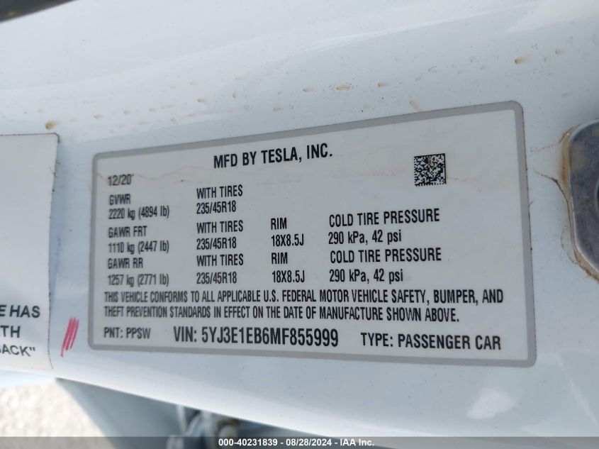 2021 Tesla Model 3 Long Range Dual Motor All-Wheel Drive VIN: 5YJ3E1EB6MF855999 Lot: 40231839