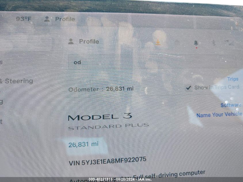 2021 Tesla Model 3 Standard Range Plus Rear-Wheel Drive VIN: 5YJ3E1EA8MF922075 Lot: 40231915
