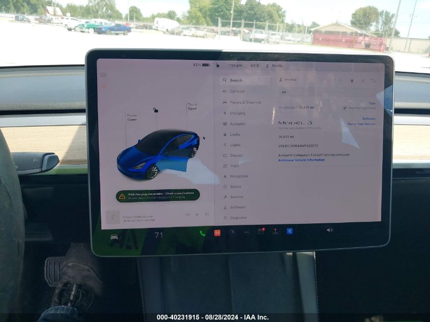 2021 Tesla Model 3 Standard Range Plus Rear-Wheel Drive VIN: 5YJ3E1EA8MF922075 Lot: 40231915