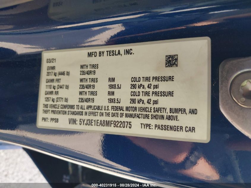 2021 Tesla Model 3 Standard Range Plus Rear-Wheel Drive VIN: 5YJ3E1EA8MF922075 Lot: 40231915