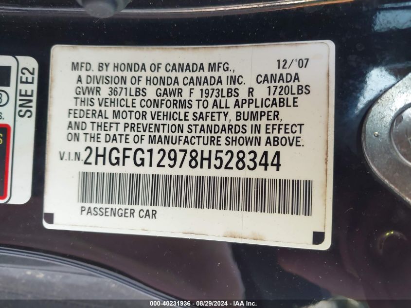 2008 Honda Civic Ex-L VIN: 2HGFG12978H528344 Lot: 40231936