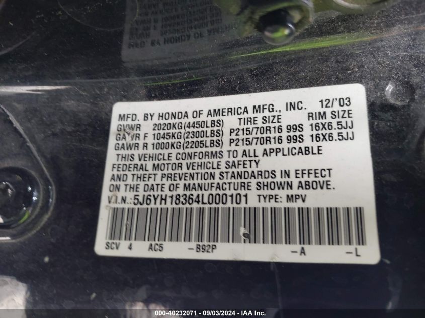 2004 Honda Element Lx VIN: 5J6YH18364L000101 Lot: 40232071