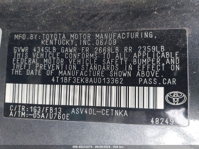 4T1BF3EK8AU013362 2010 Toyota Camry Le