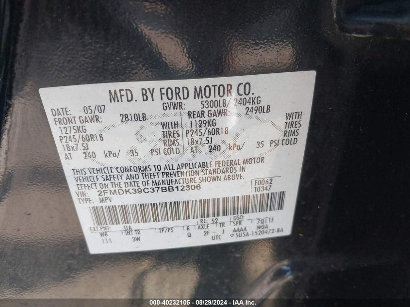 2FMDK39C37BB12306 2007 Ford Edge Sel Plus