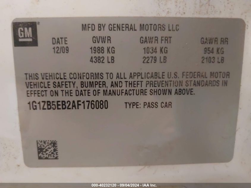 1G1ZB5EB2AF176080 2010 Chevrolet Malibu Ls