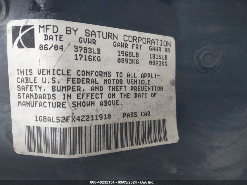 2004 Saturn Ion 3 VIN: 1G8AL52FX4Z211910 Lot: 40232134