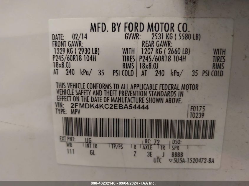 2014 Ford Edge Limited VIN: 2FMDK4KC2EBA54444 Lot: 40232148