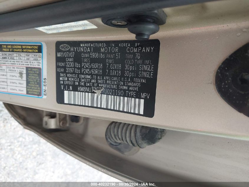 2007 Hyundai Veracruz Gls/Limited/Se VIN: KM8NU73C37U021190 Lot: 40970774