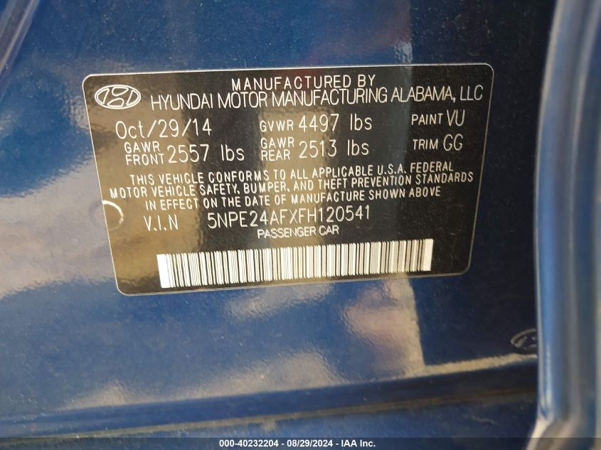 5NPE24AFXFH120541 2015 Hyundai Sonata Se