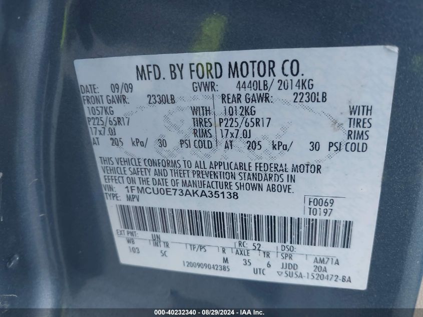 2010 Ford Escape Limited VIN: 1FMCU0E73AKA35138 Lot: 40232340