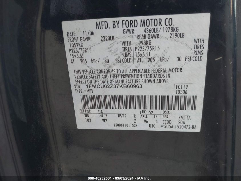 2007 Ford Escape Xls/Xls Manual VIN: 1FMCU02Z37KB60963 Lot: 40232501