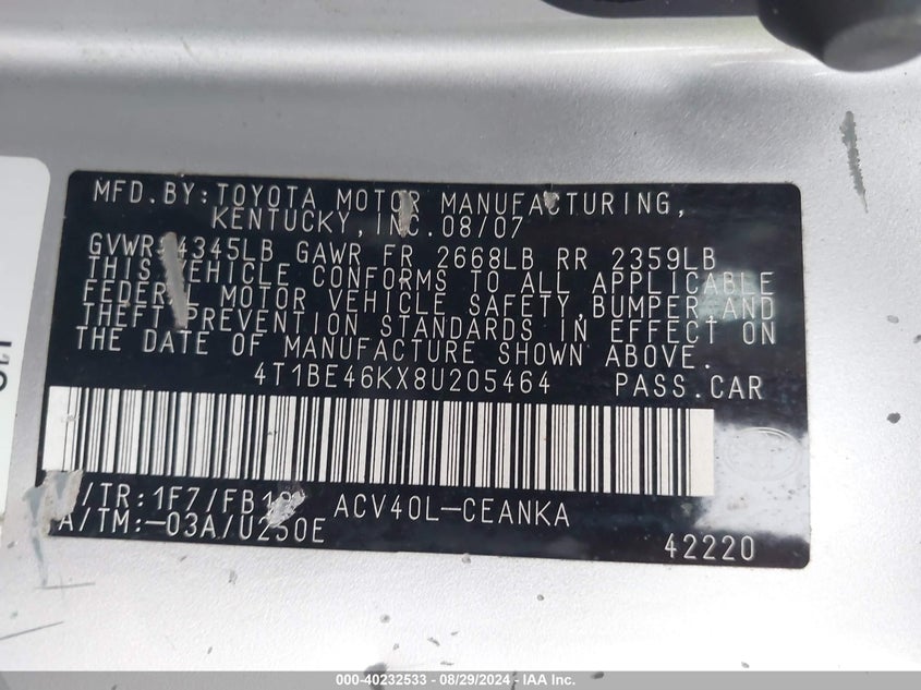 2008 Toyota Camry Le VIN: 4T1BE46KX8U205464 Lot: 40232533