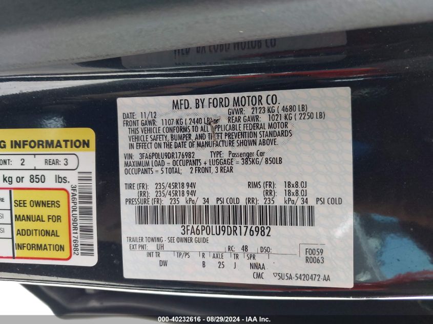 2013 Ford Fusion Hybrid Se VIN: 3FA6P0LU9DR176982 Lot: 40232616