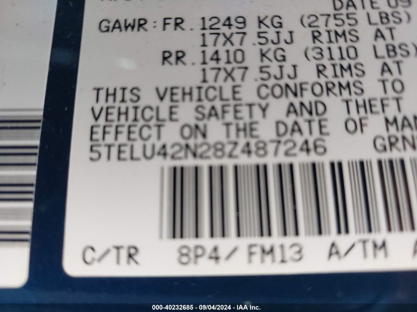 2008 Toyota Tacoma Double Cab VIN: 5TELU42N28Z487246 Lot: 40232685