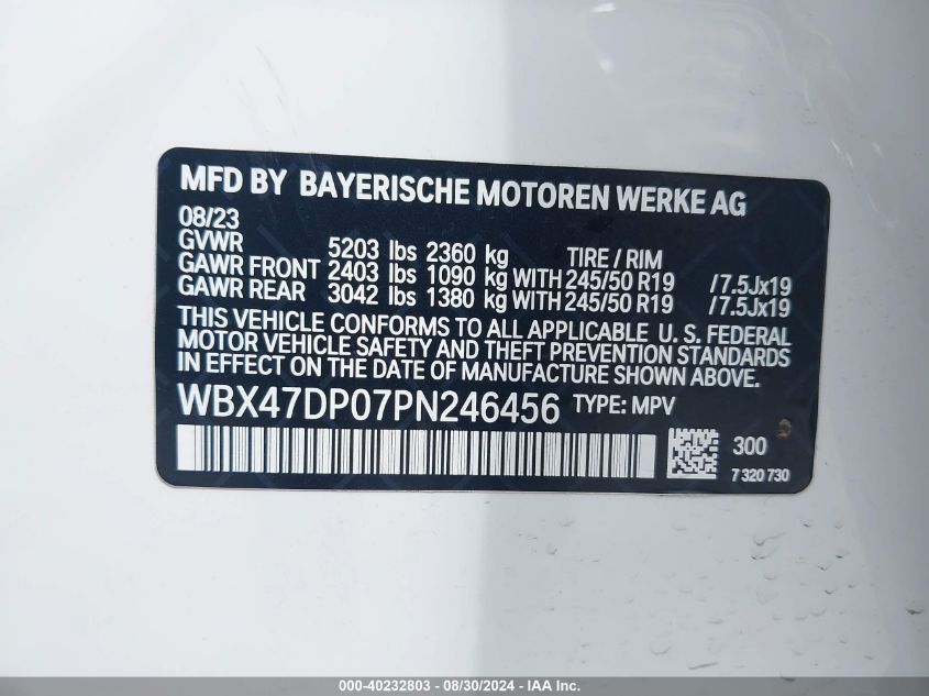 2023 BMW X3 Sdrive30I VIN: WBX47DP07PN246456 Lot: 40232803