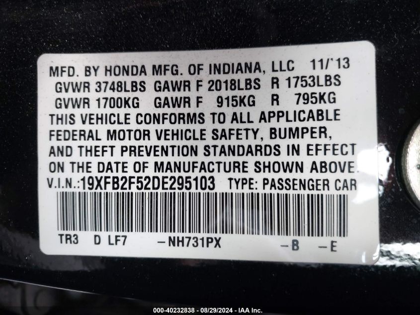 2013 Honda Civic Lx VIN: 19XFB2F52DE295103 Lot: 40232838