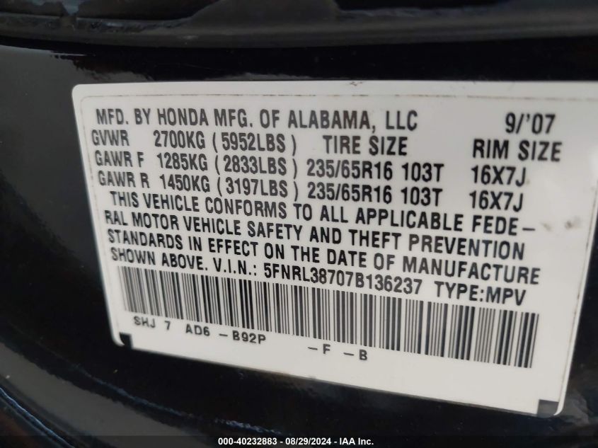 2007 Honda Odyssey Ex-L VIN: 5FNRL38707B136237 Lot: 40232883