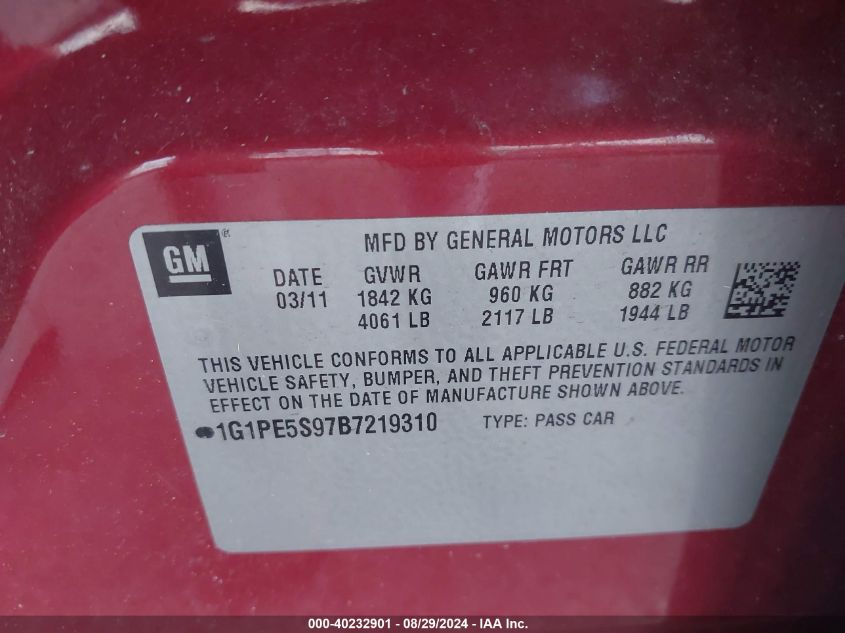 2011 Chevrolet Cruze Lt VIN: 1G1PE5S97B7219310 Lot: 40232901