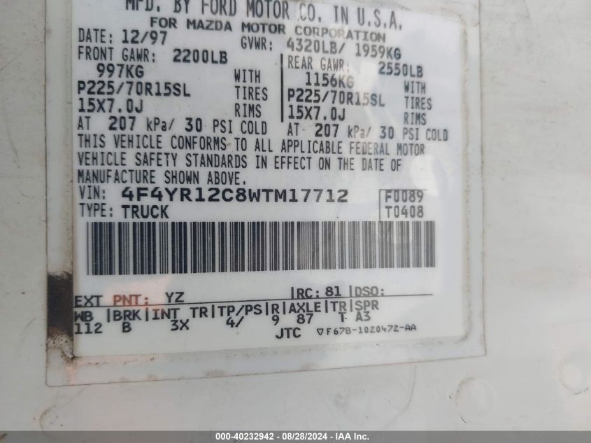 1998 Mazda B2500 Se/Sx VIN: 4F4YR12C8WTM17712 Lot: 40232942