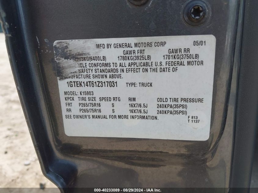 2001 GMC Sierra 1500 Sle VIN: 1GTEK14T61Z317031 Lot: 40233089