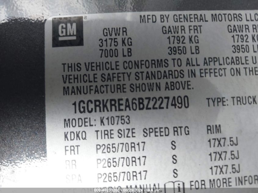 1GCRKREA6BZ227490 2011 Chevrolet Silverado 1500 Ls