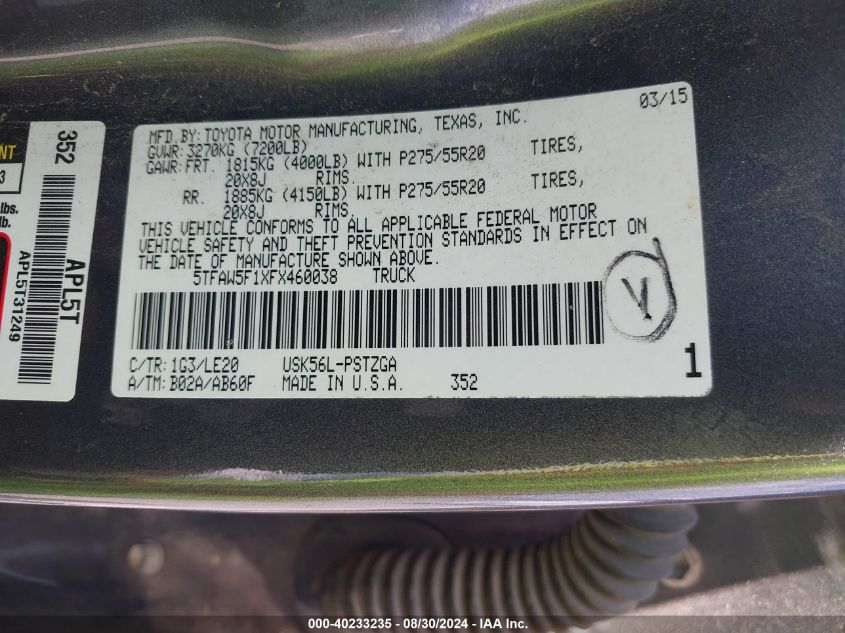 5TFAW5F1XFX460038 2015 Toyota Tundra Platinum 5.7L V8