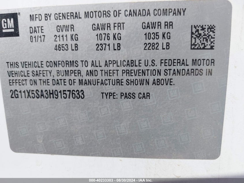 VIN 2G11X5SA3H9157633 2017 CHEVROLET IMPALA 1FL