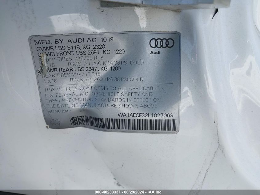 2020 Audi Q3 Premium 45 Tfsi Quattro Tiptronic VIN: WA1AECF32L1027069 Lot: 40233337