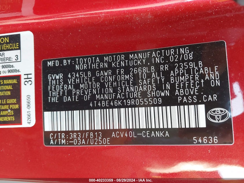 2009 Toyota Camry Le VIN: 4T4BE46K19R055509 Lot: 40233359