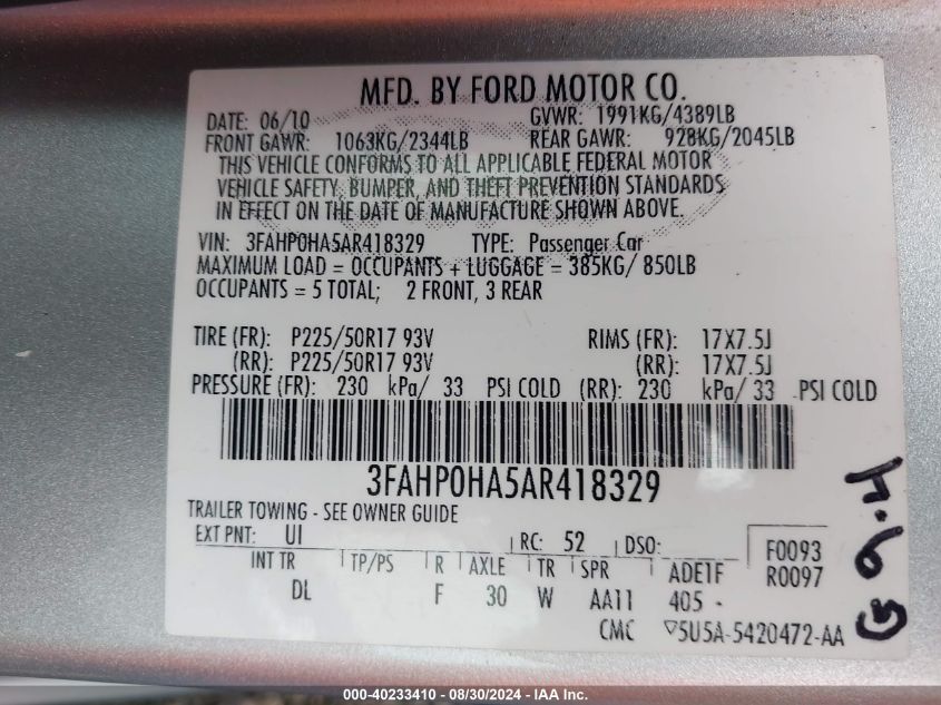 2010 Ford Fusion Se VIN: 3FAHP0HA5AR418329 Lot: 40233410