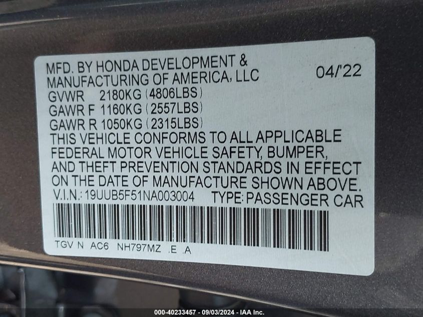 2022 Acura Tlx A-Spec Package VIN: 19UUB5F51NA003004 Lot: 40233457