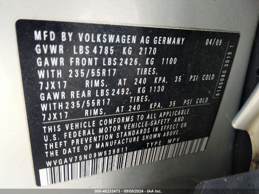 WVGAV75N09W539811 2009 Volkswagen Tiguan Se