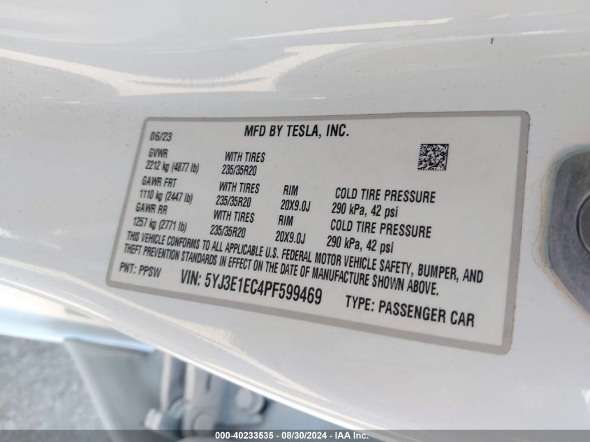 2023 Tesla Model 3 Performance Dual Motor All-Wheel Drive VIN: 5YJ3E1EC4PF599469 Lot: 40233535