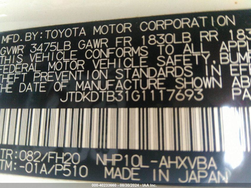 JTDKDTB31G1117693 2016 Toyota Prius C One