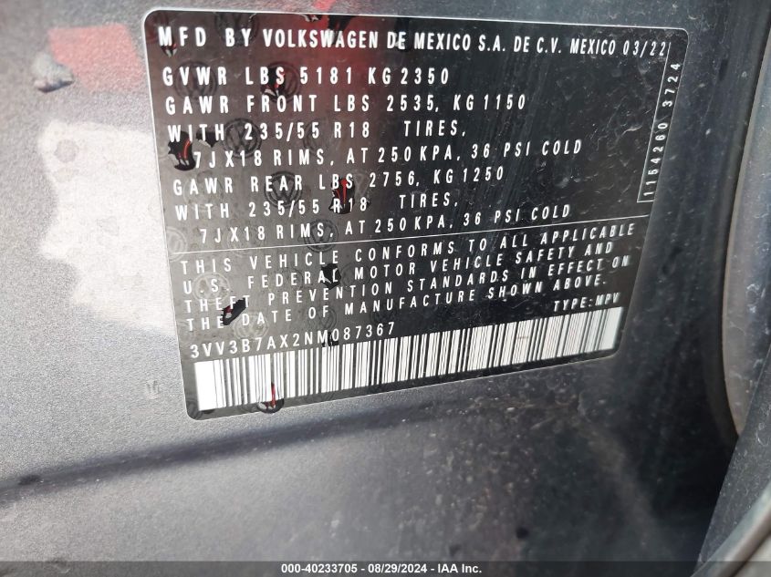 3VV3B7AX2NM087367 2022 Volkswagen Tiguan 2.0T Se