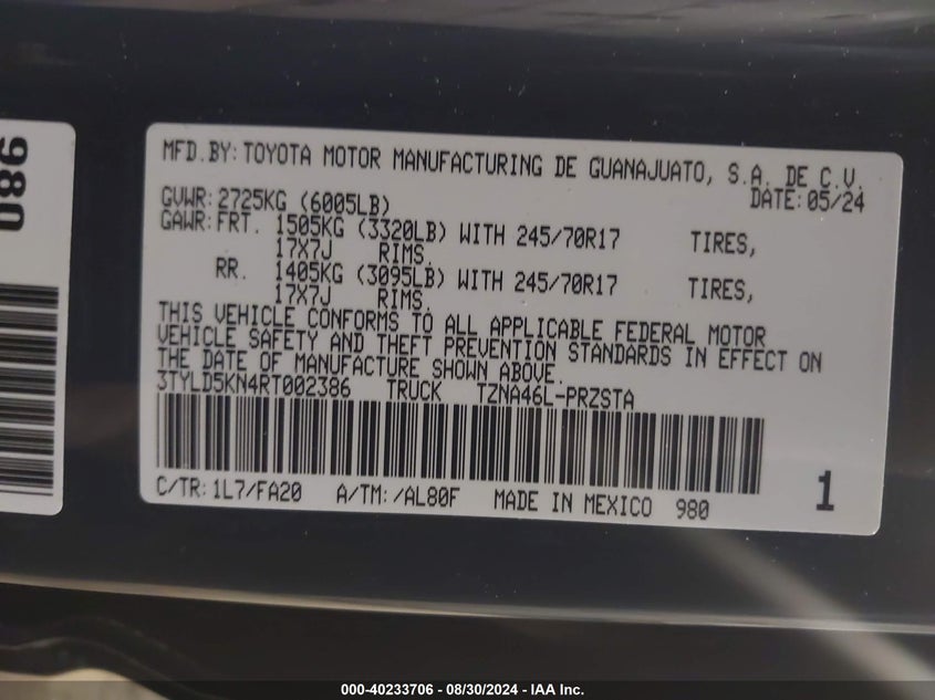 2024 TOYOTA TACOMA SR - 3TYLD5KN4RT002386