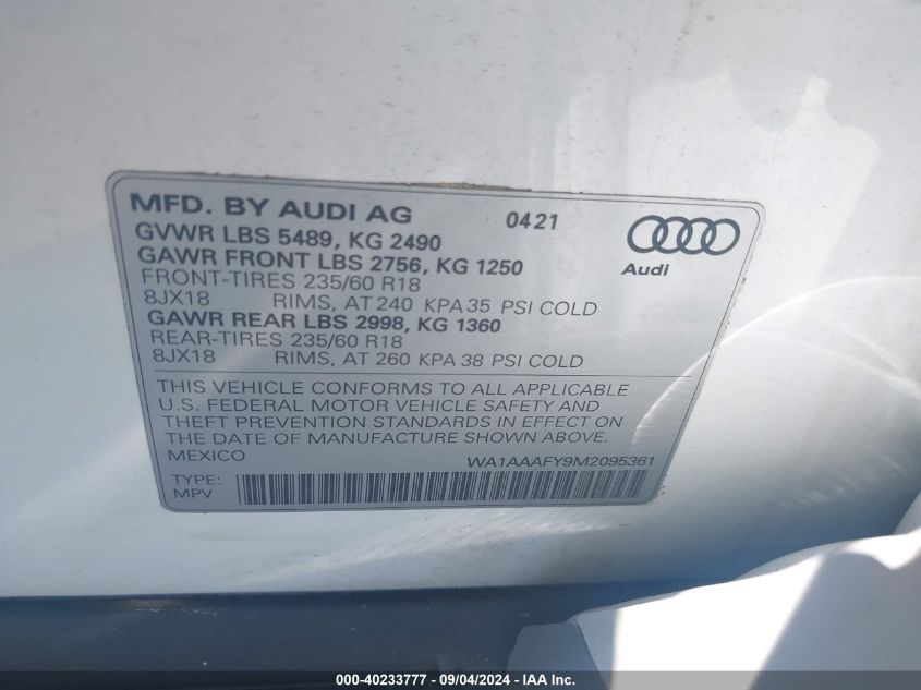 2021 Audi Q5 Premium 45 Tfsi Quattro S Tronic VIN: WA1AAAFY9M2095361 Lot: 40233777