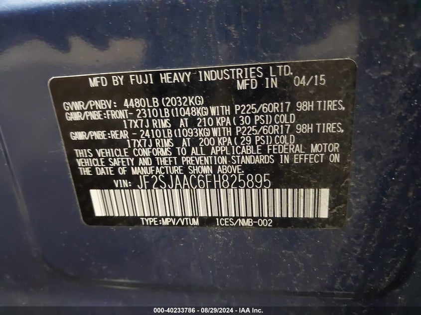 2015 SUBARU FORESTER 2.5I - JF2SJAAC6FH825895