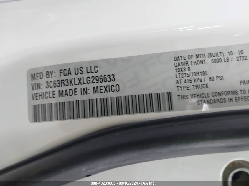 2020 Ram 3500 Longhorn VIN: 3C63R3KLXLG296633 Lot: 40233803