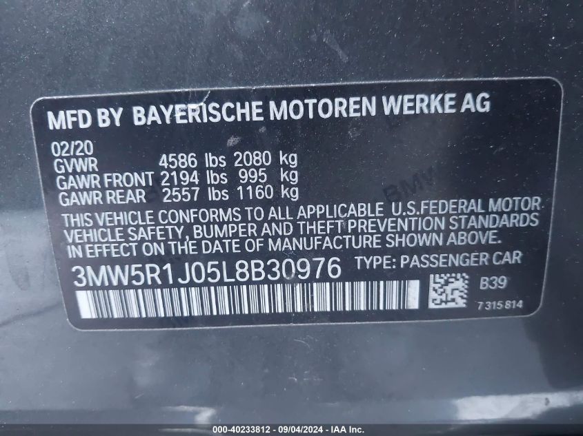 2020 BMW 330I VIN: 3MW5R1J05L8B30976 Lot: 40233812