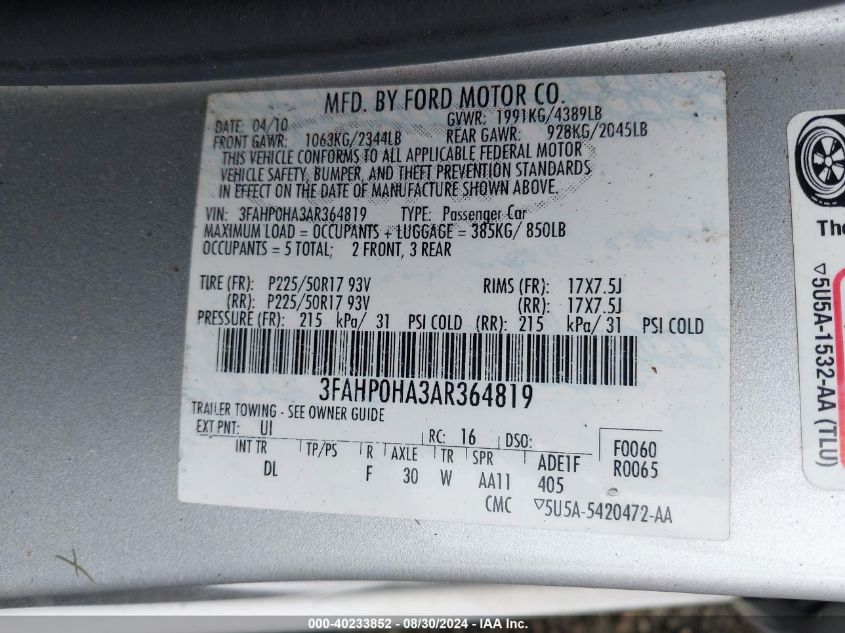 2010 Ford Fusion Se VIN: 3FAHP0HA3AR364819 Lot: 40233852