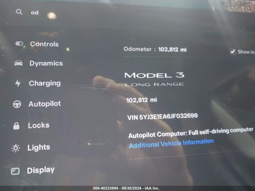 2018 Tesla Model 3 Long Range/Mid Range VIN: 5YJ3E1EA6JF032699 Lot: 40233894