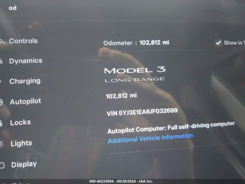 2018 Tesla Model 3 Long Range/Mid Range VIN: 5YJ3E1EA6JF032699 Lot: 40233894